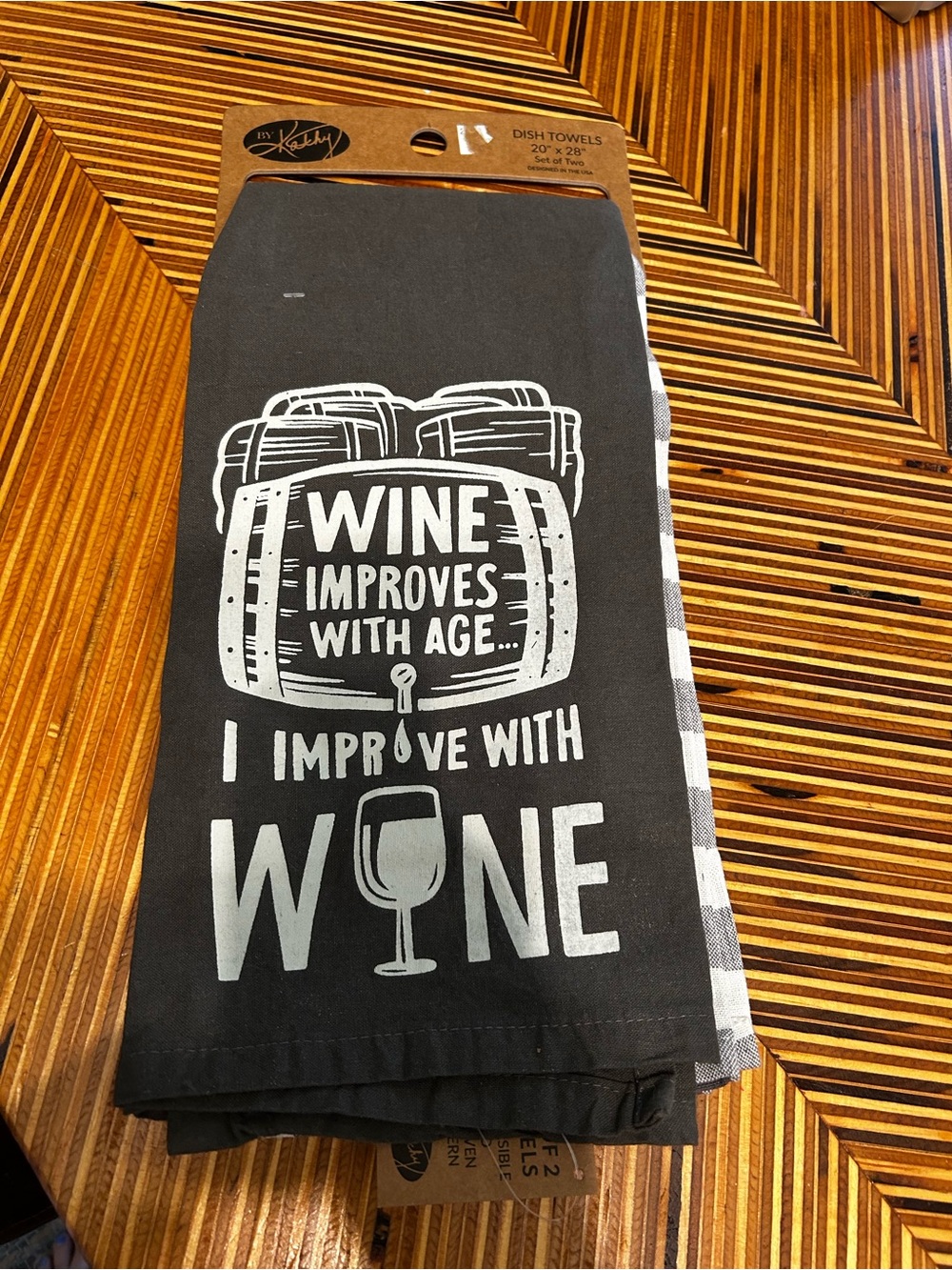 Charcoal Wine-Themed Dish Towel - plus checked plain"Wine Improves With Age"